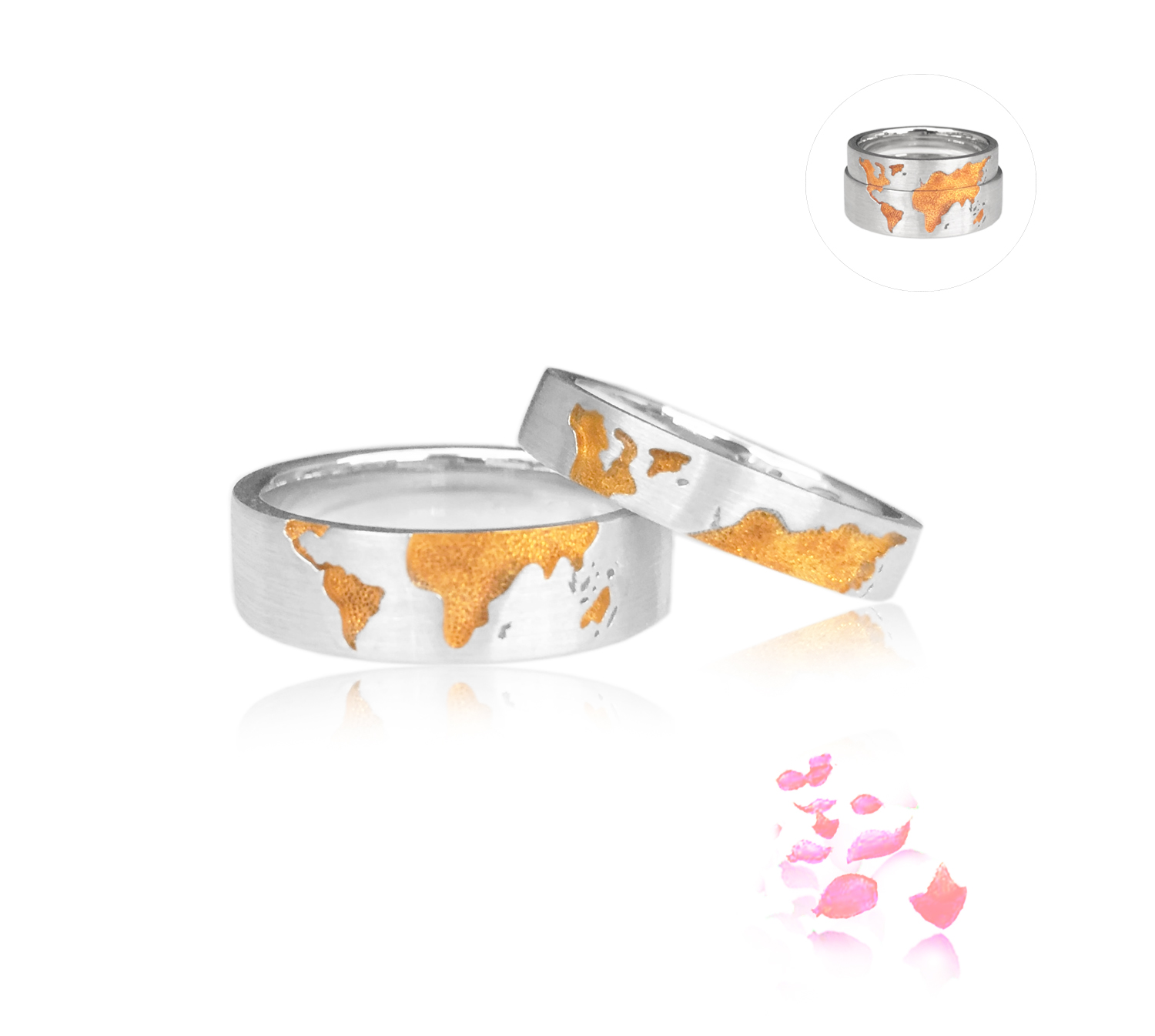 World Map Wedding Bands in 18k Gold, White and Yellow